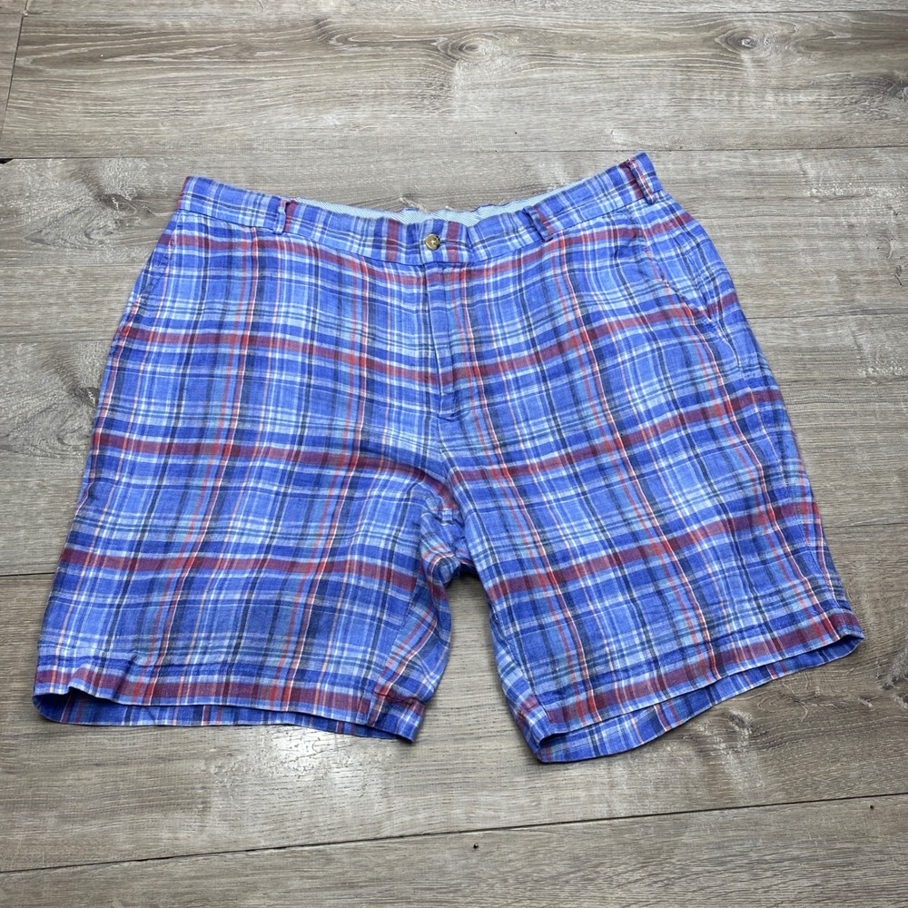 Peter Millar Linen Shorts Mens‎ 38 Blue Plaid MS20B04 Crown Summer Golf Casual